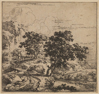 TvB G 2011
<br/>
Landschap met een heuvelig pad, een brug, een stroom en bomen
<br/>
<em>Naiwjncx, Herman (ca. 1624-1651)</em>
